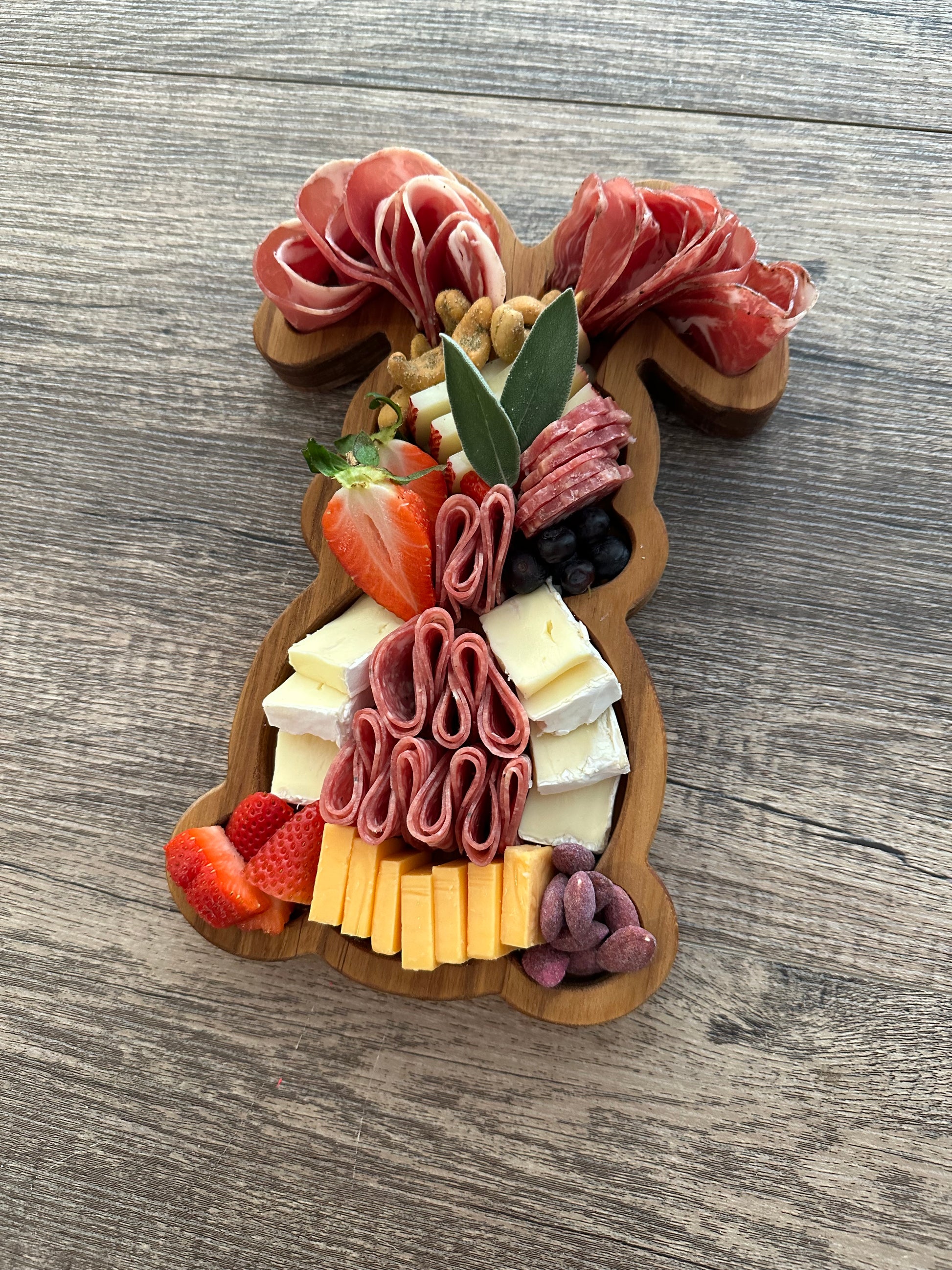 Easter bunny shaped charcuterie board