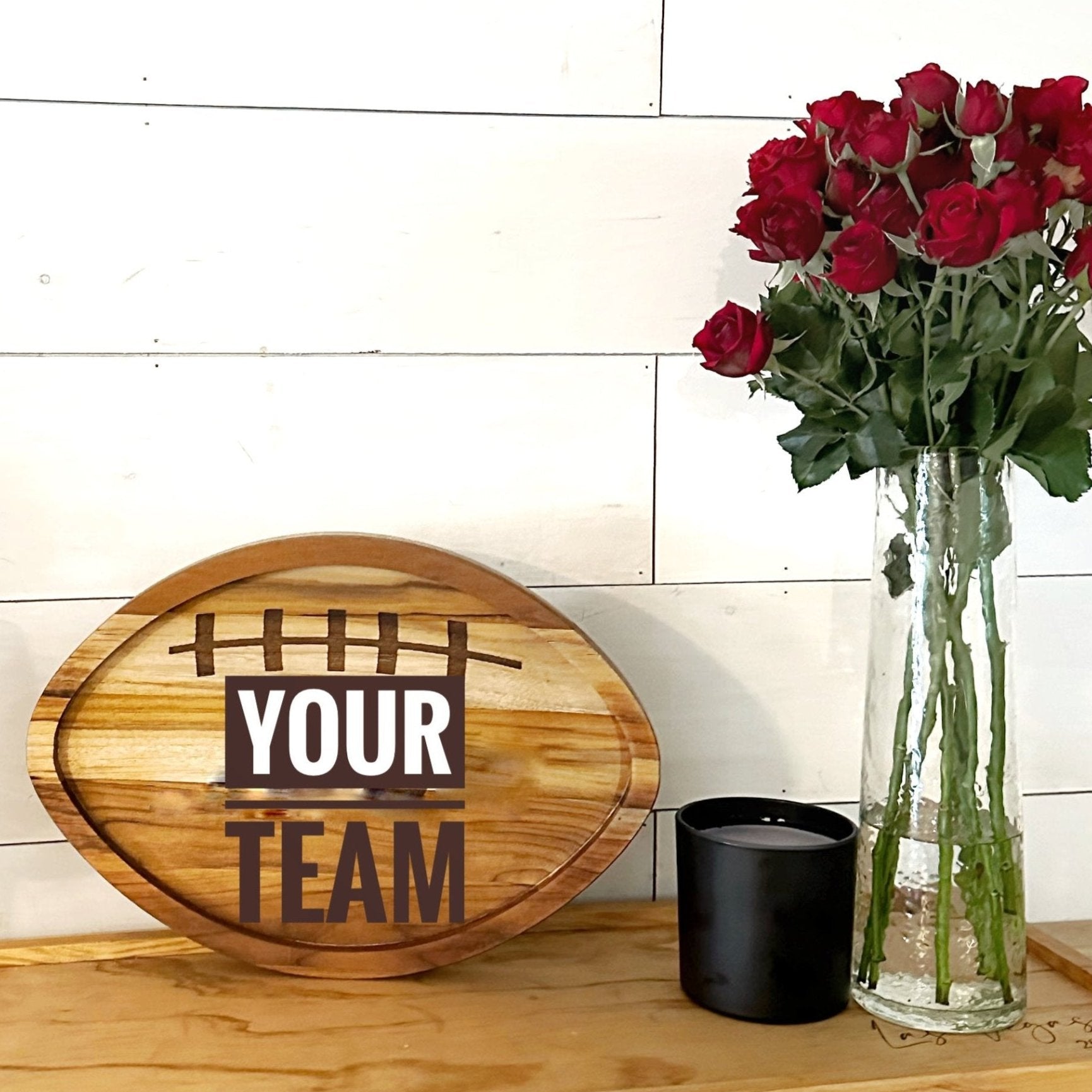 12-inch football-shaped charcuterie board, custom football charcuterie board for game day, personalized football serving tray