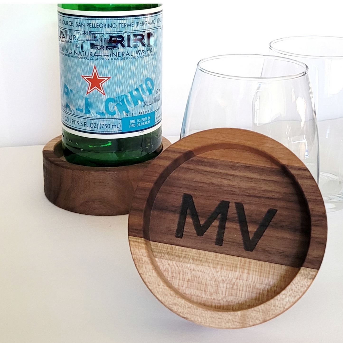 wooden wine coaster with intricate engraving