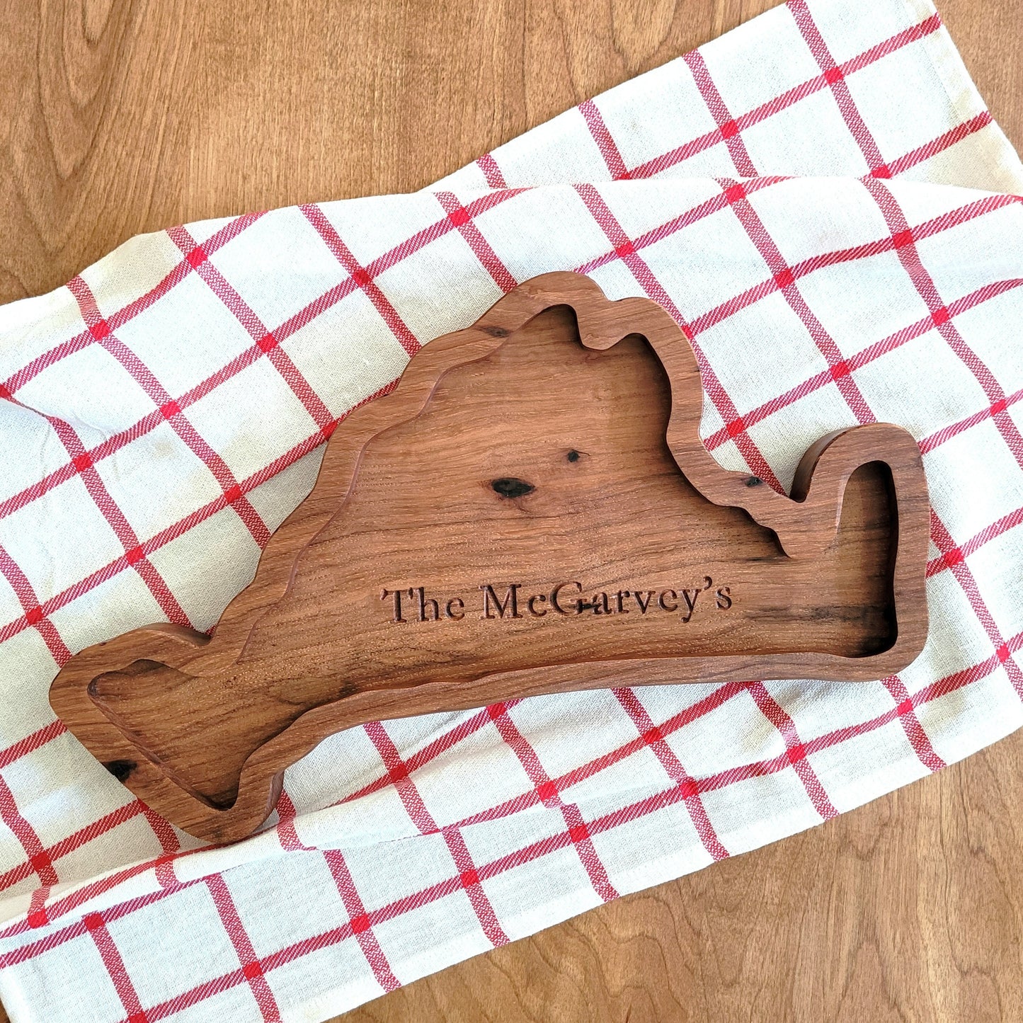 martha's vineyard shaped charcuterie board made of walnut wood