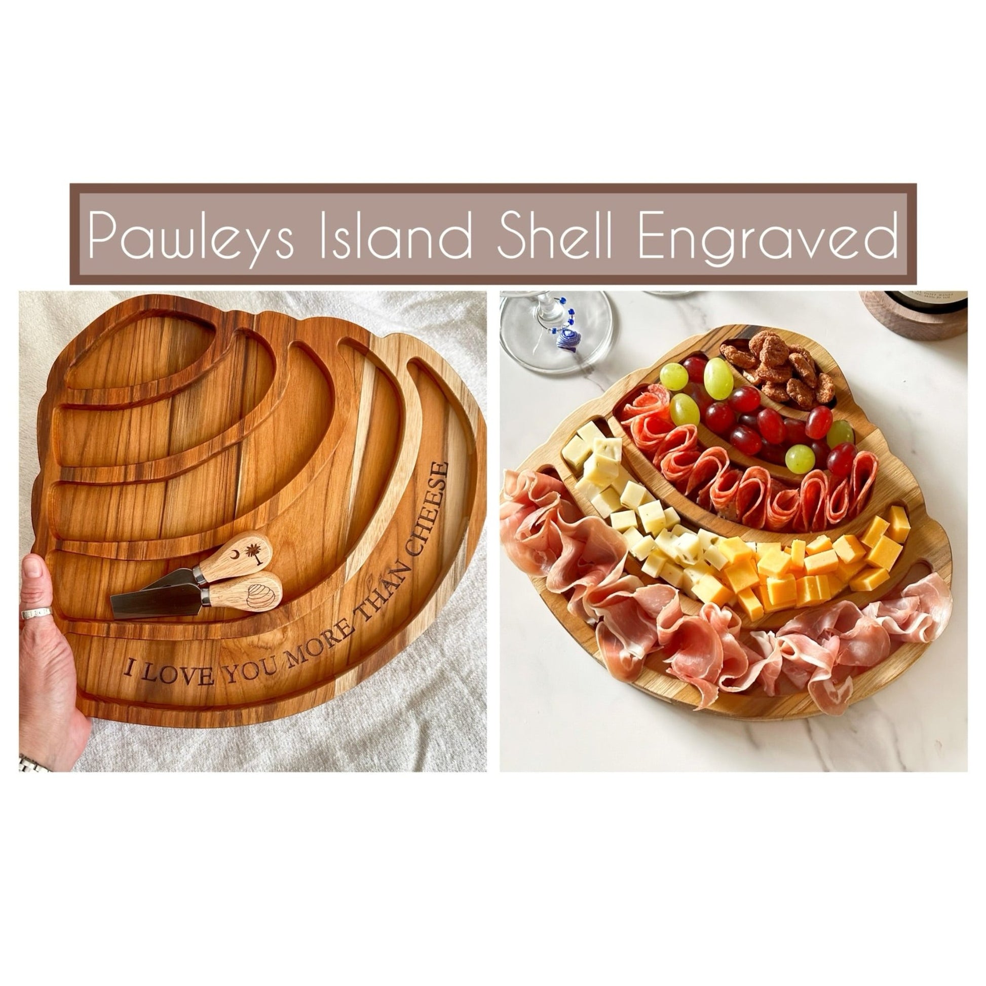 shell-shaped tray, 12" Pawleys Island board, coastal charcuterie board