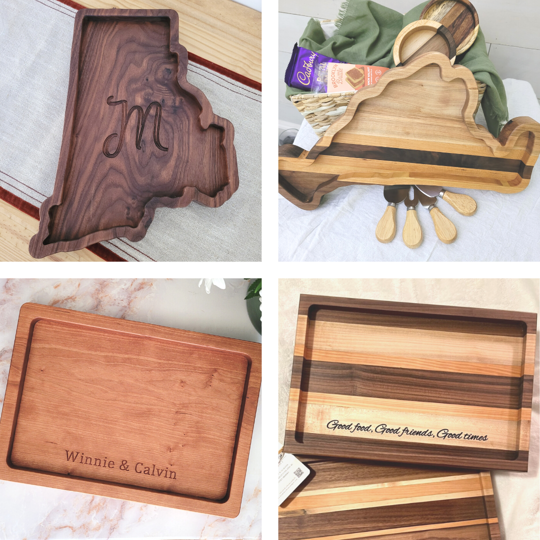 Charcuterie board in different shapes and wood type, showcasing a variety of boards we can create