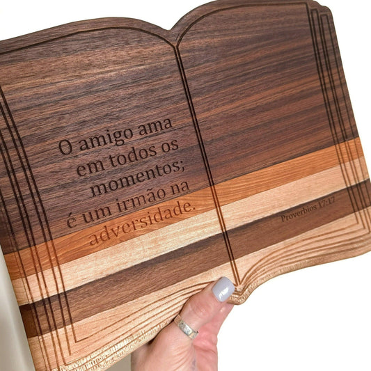 book-shaped cutting board with bible verse, custom engraved wooden book cutting board, personalized wood cutting board gift