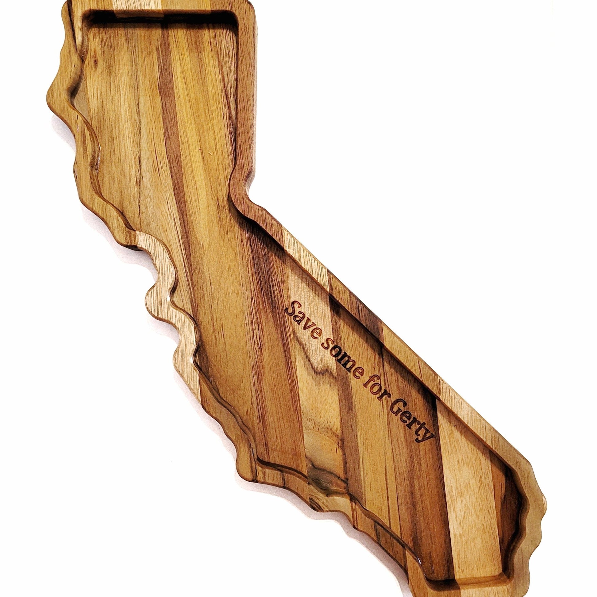 California shaped teak charcuterie board personalized with a funny message