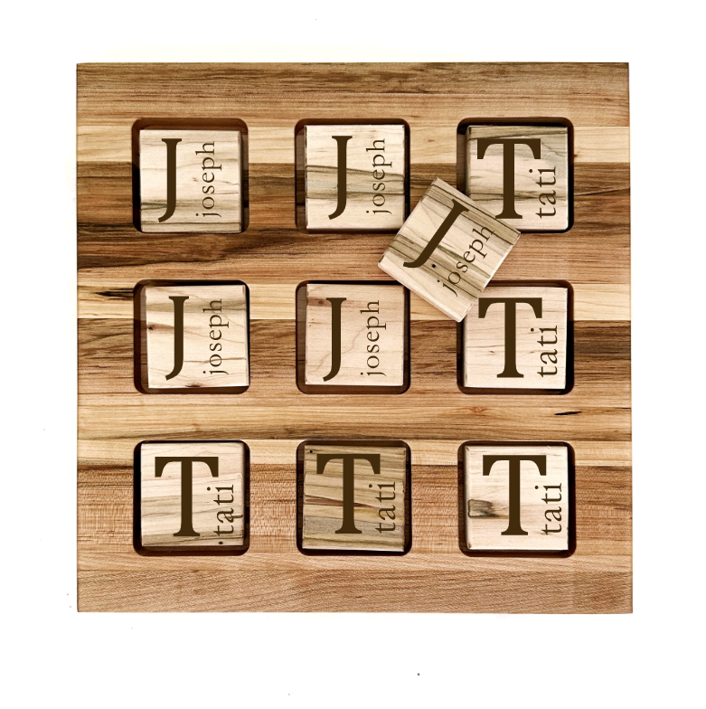 wooden handcrafted personalized tic-tac-toe set - add your name, initials or a custom design