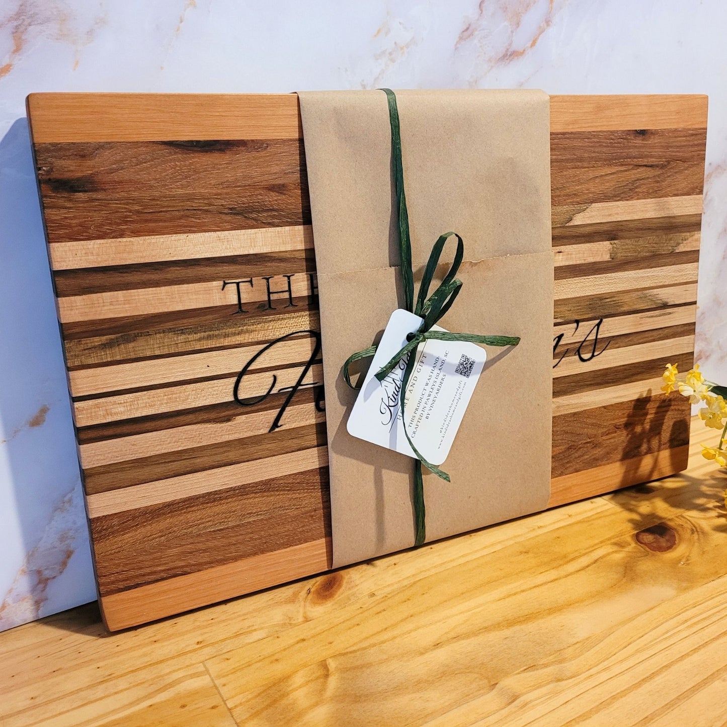 personalized cutting board used a a charcuterie board, personalized cutting board in a gift box