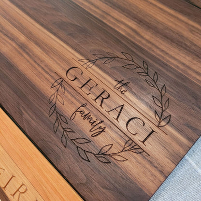 personalized cutting board used a a charcuterie board, personalized cutting board in a gift box