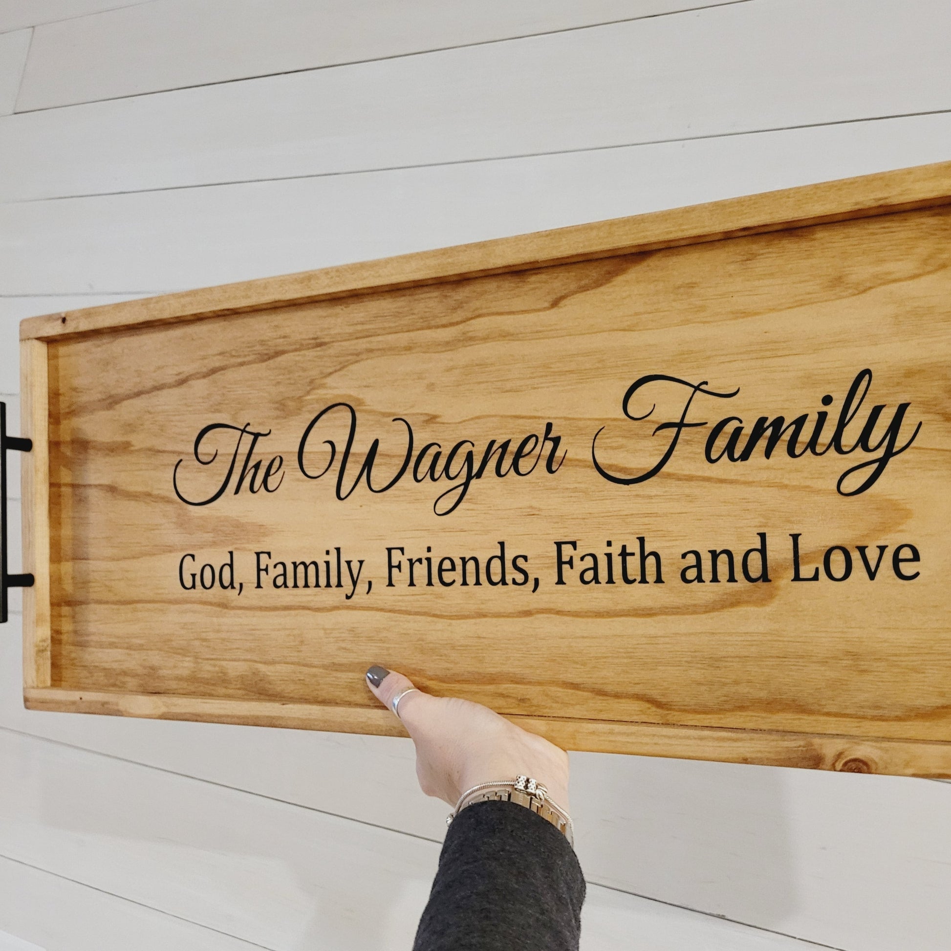 large wooden tray, personalized with family name, to be used as charcuterie board