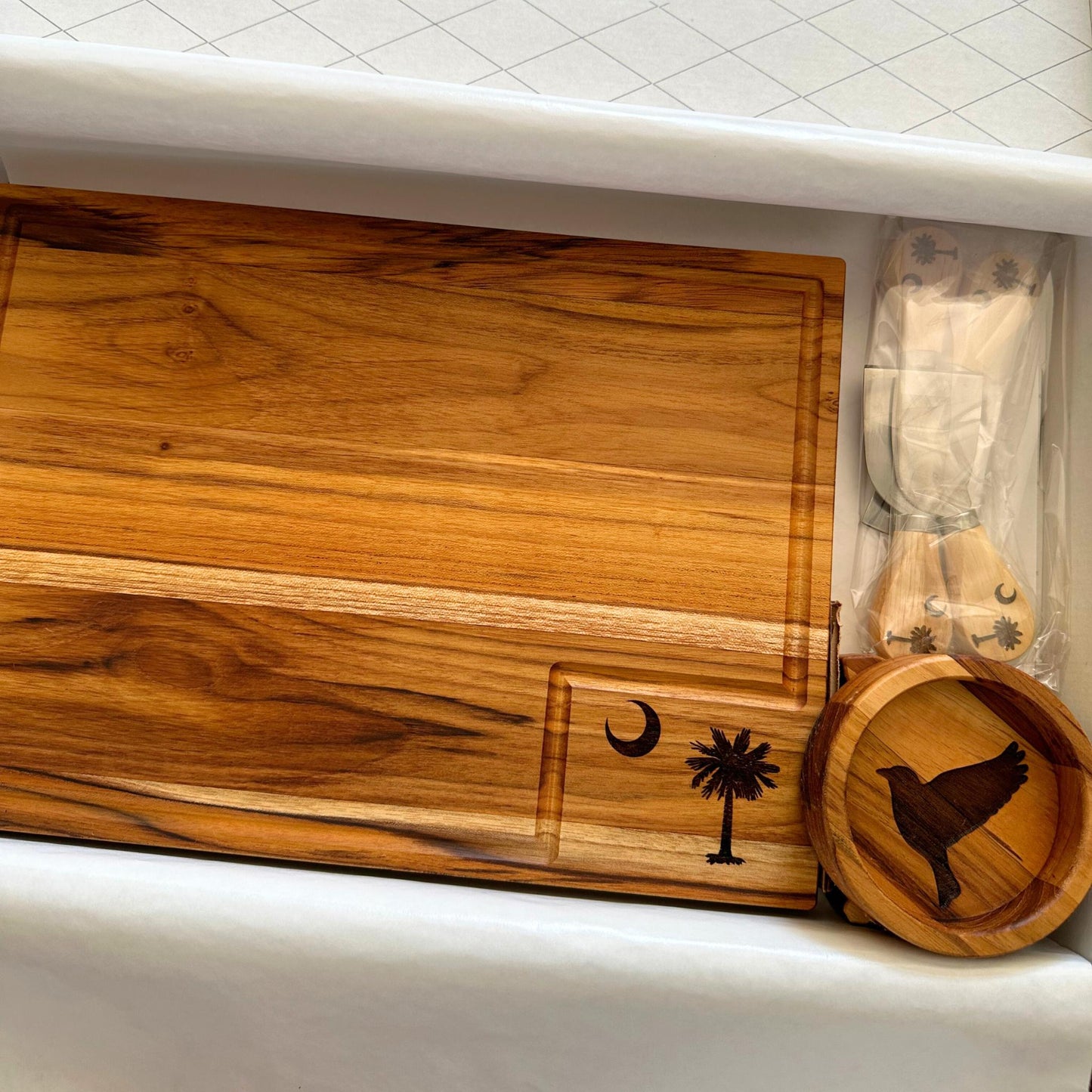 personalized cutting board used a a charcuterie board, personalized cutting board in a gift box