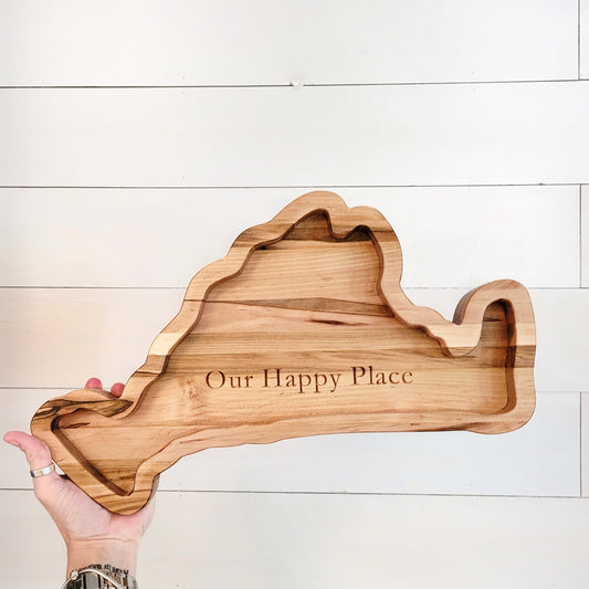 marthas vineyard shaped charcuterie board with engraving Our Happy Place