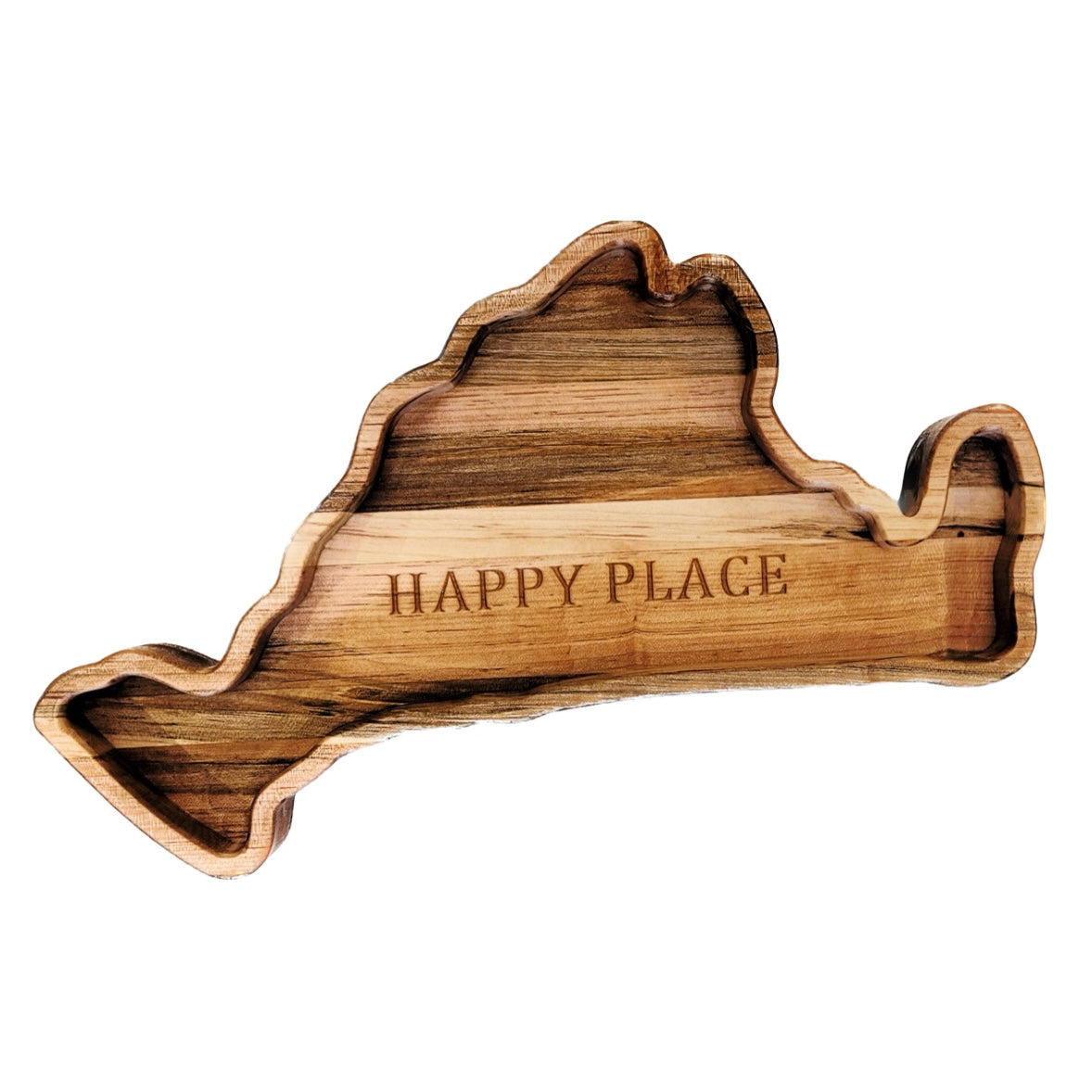 Martha's Vineyard shaped charcuterie board engraved with HAPPY PLACE