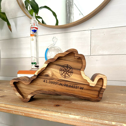 Marthas Vineyard shaped tray with compass and Martha's Vineyard coordinates engraved