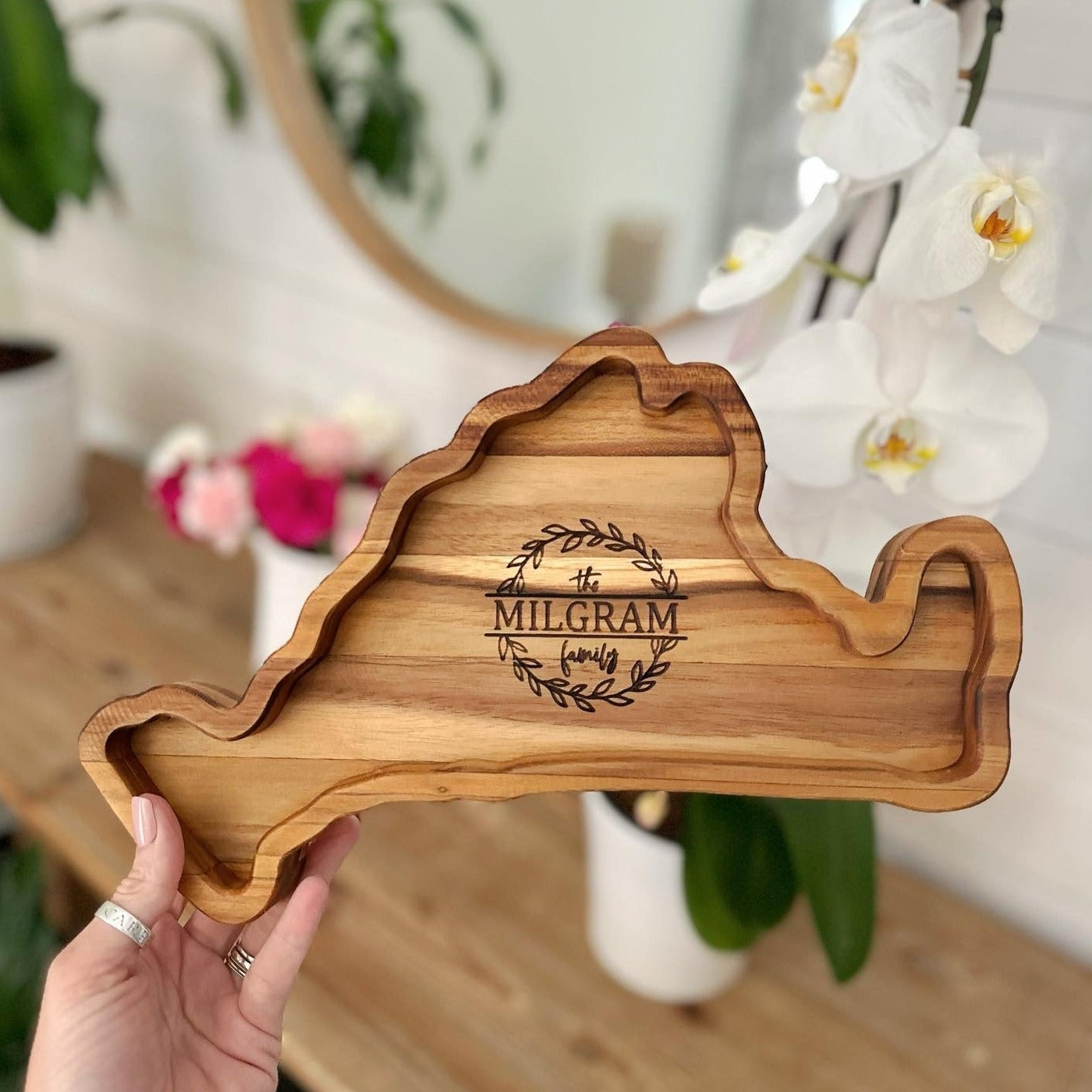 Marthas Vineyard shaped tray with a wreath and family name engraved