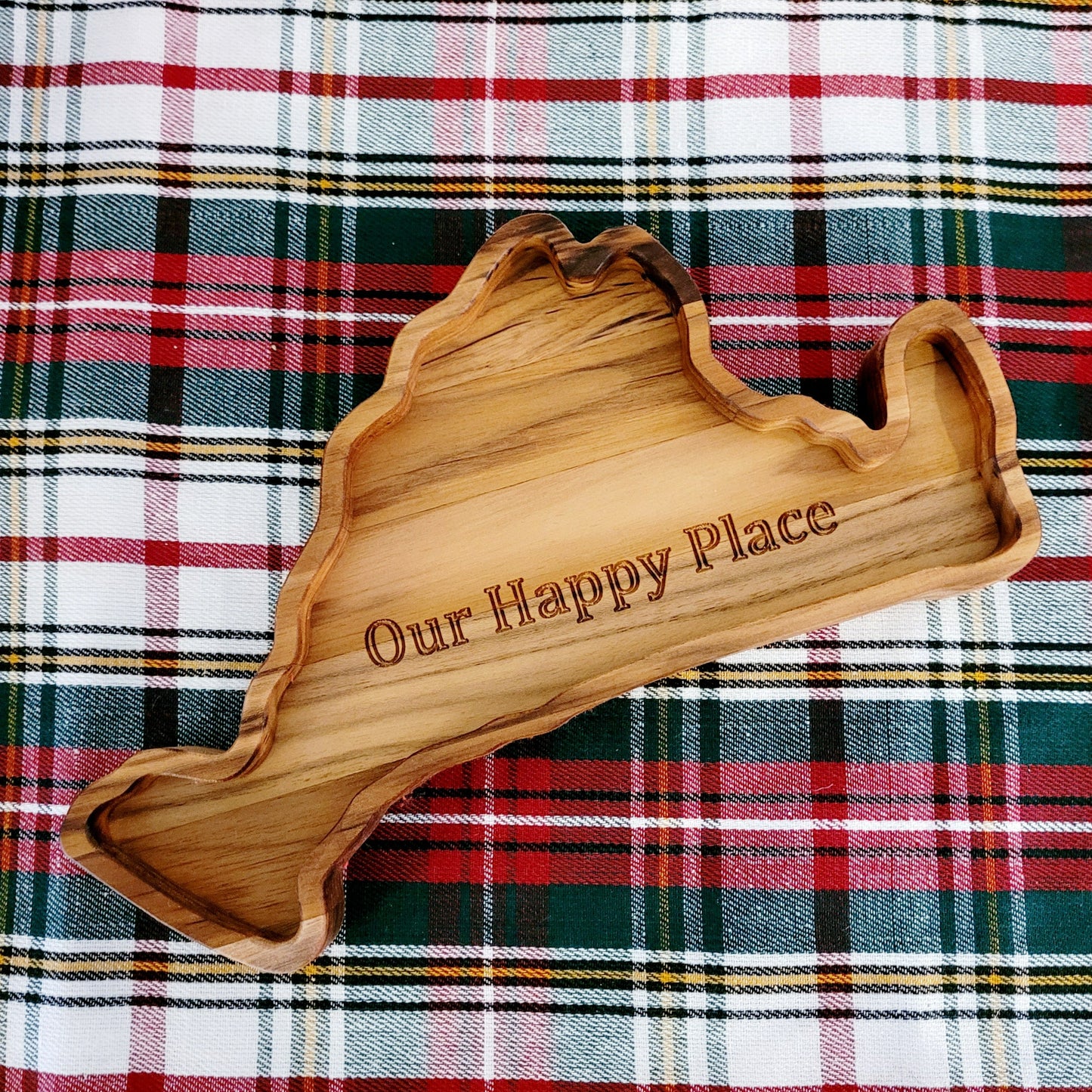 Charcuterie Board Shaped like Martha's Vineyard with engraving Our Happy Place