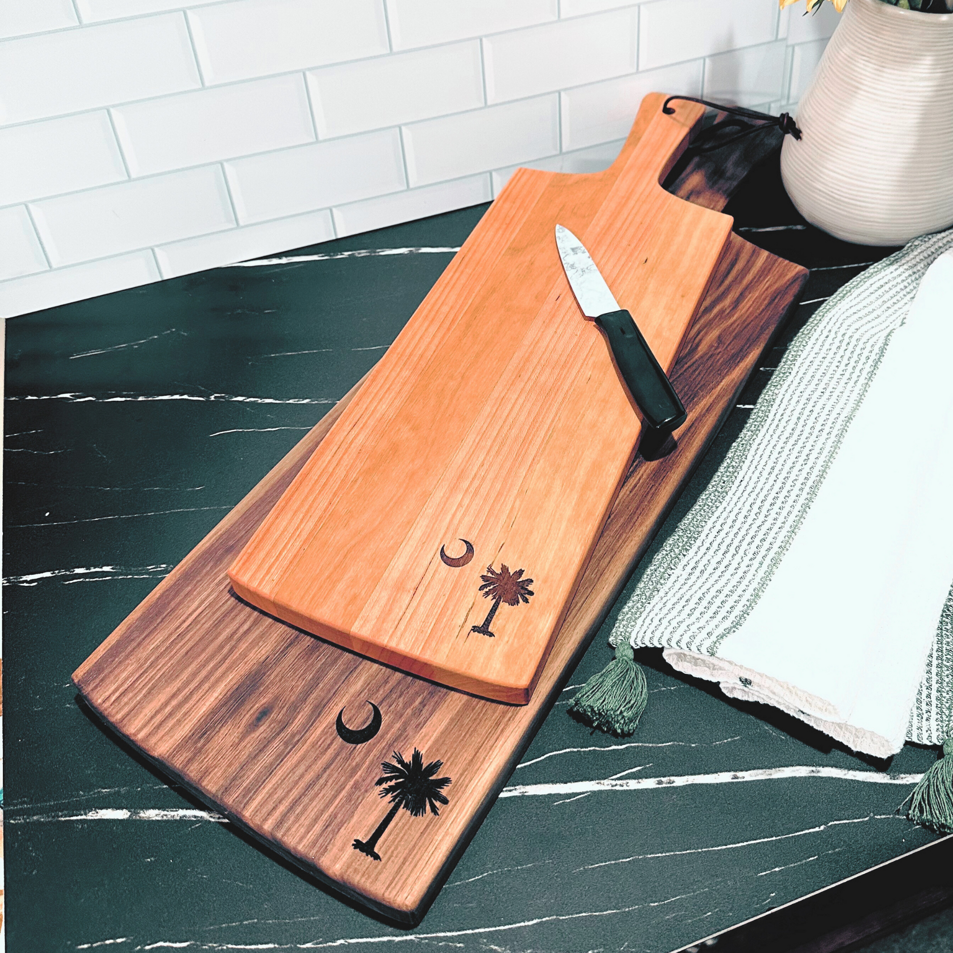 personalized wood paddle-shaped charcuterie board, custom paddle cutting board, multi-use paddle serving tray