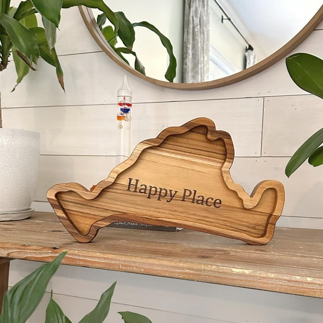 Marthas Vineyard shaped tray maade of teak with Happy Place engraved