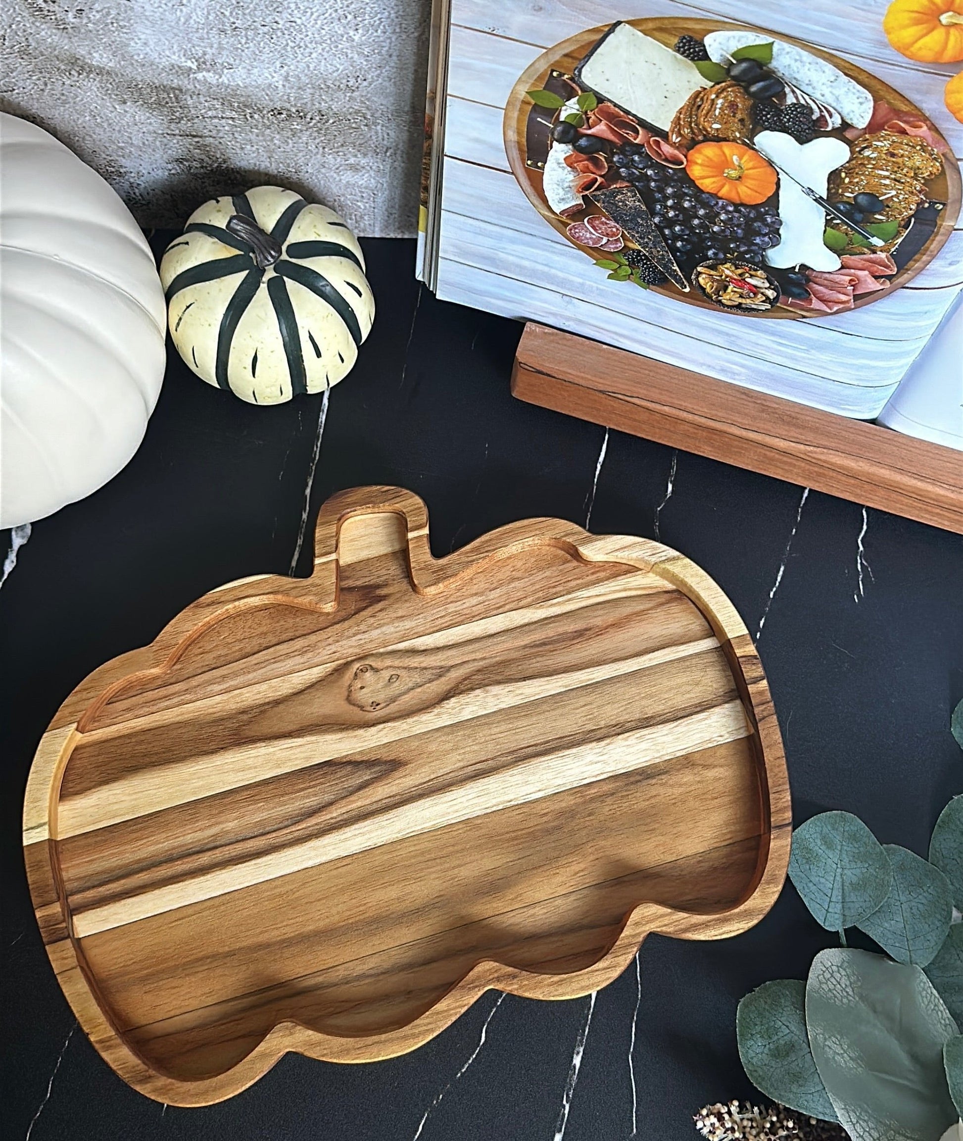 pumpkin shaped charcuterie board teakwood