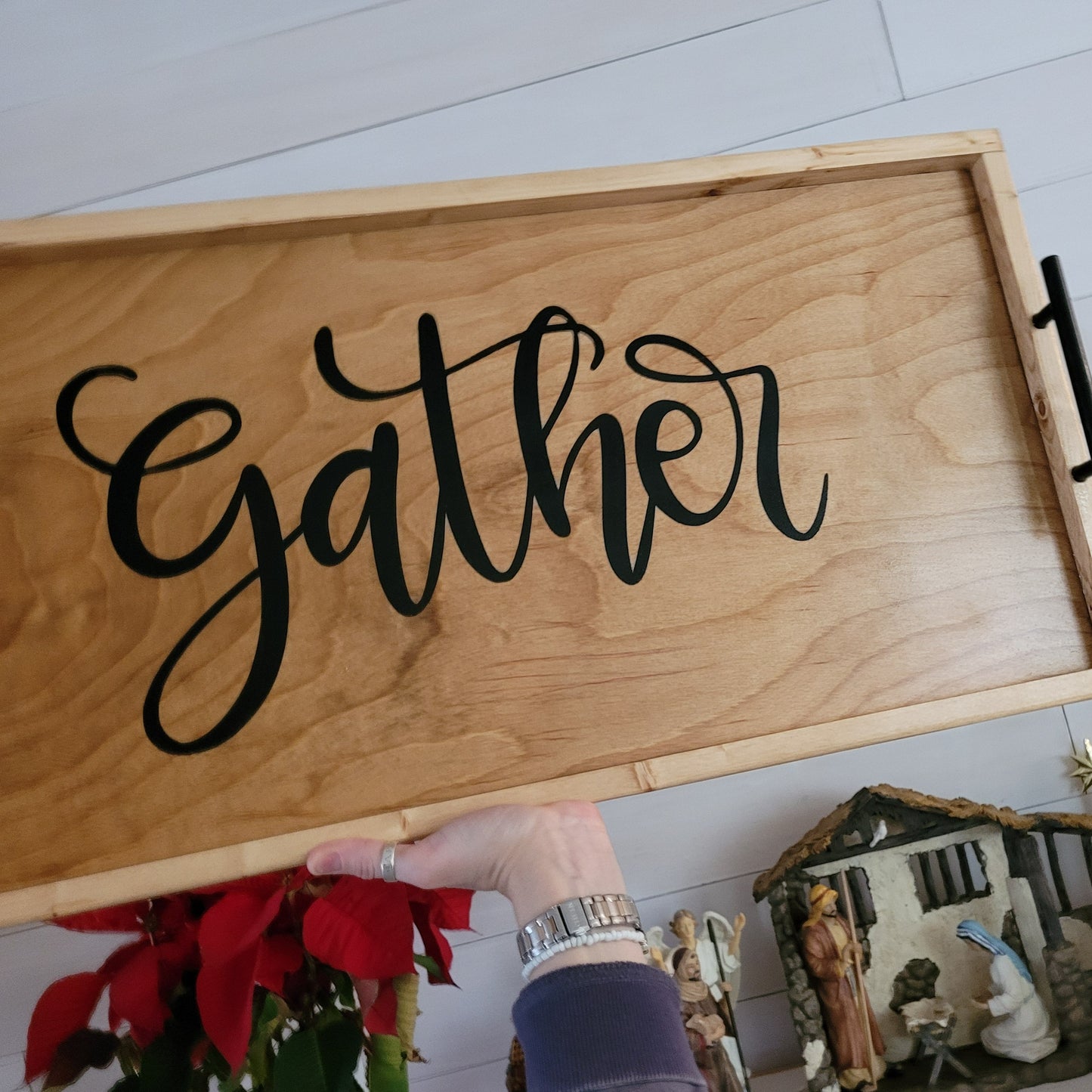 charcuterie serving board with elegant message in script font