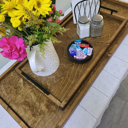 wooden serving tray used as centerpiece