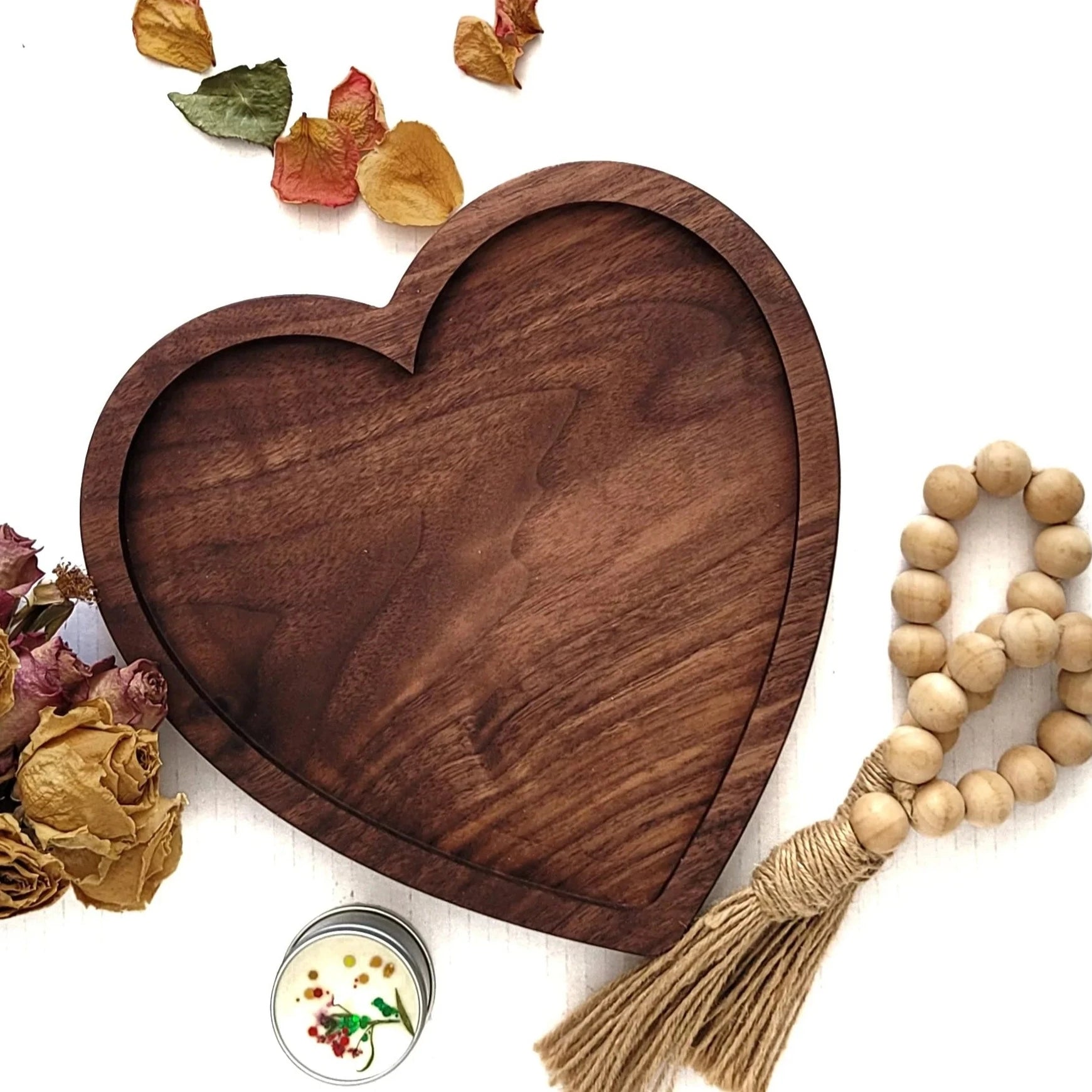 Personalized heart wooden tray with intricate design, ideal for displaying keepsakes and jewelry