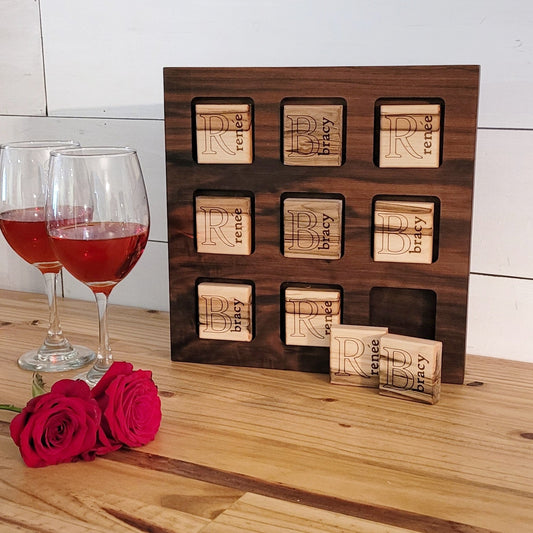 wooden handcrafted personalized tic-tac-toe set - add your name, initials or a custom design