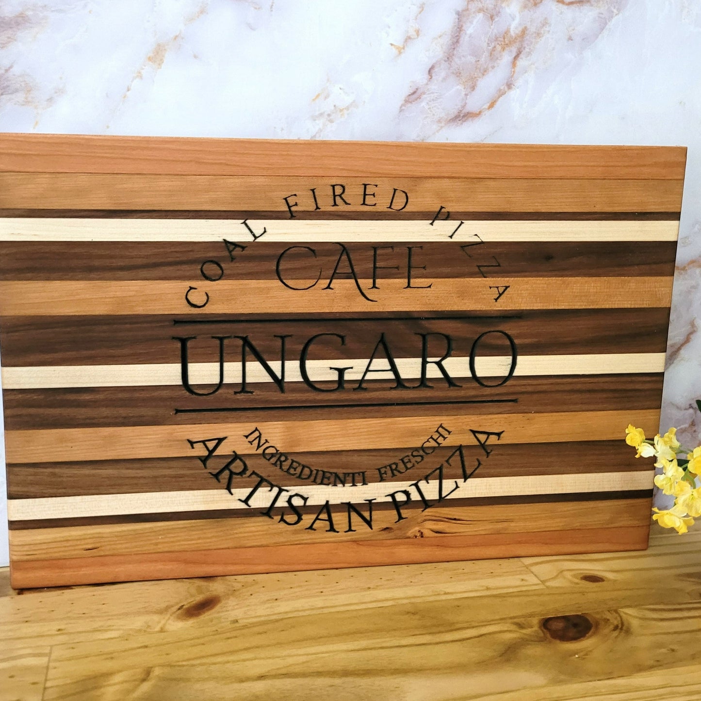 Congratulations Gift Personalized Cutting Board for a pizza shop logo