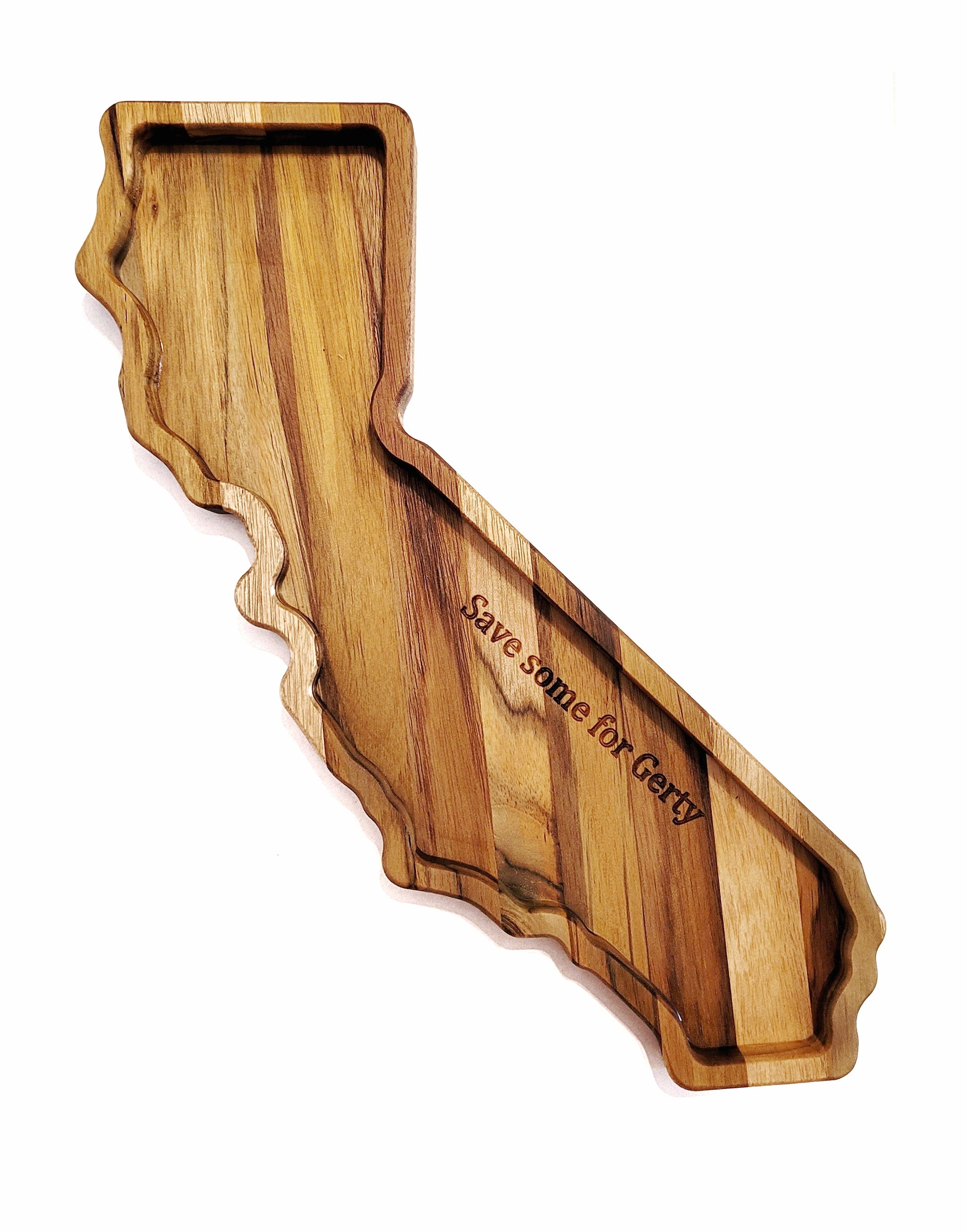 California shaped teak charcuterie board personalized with a funny message 