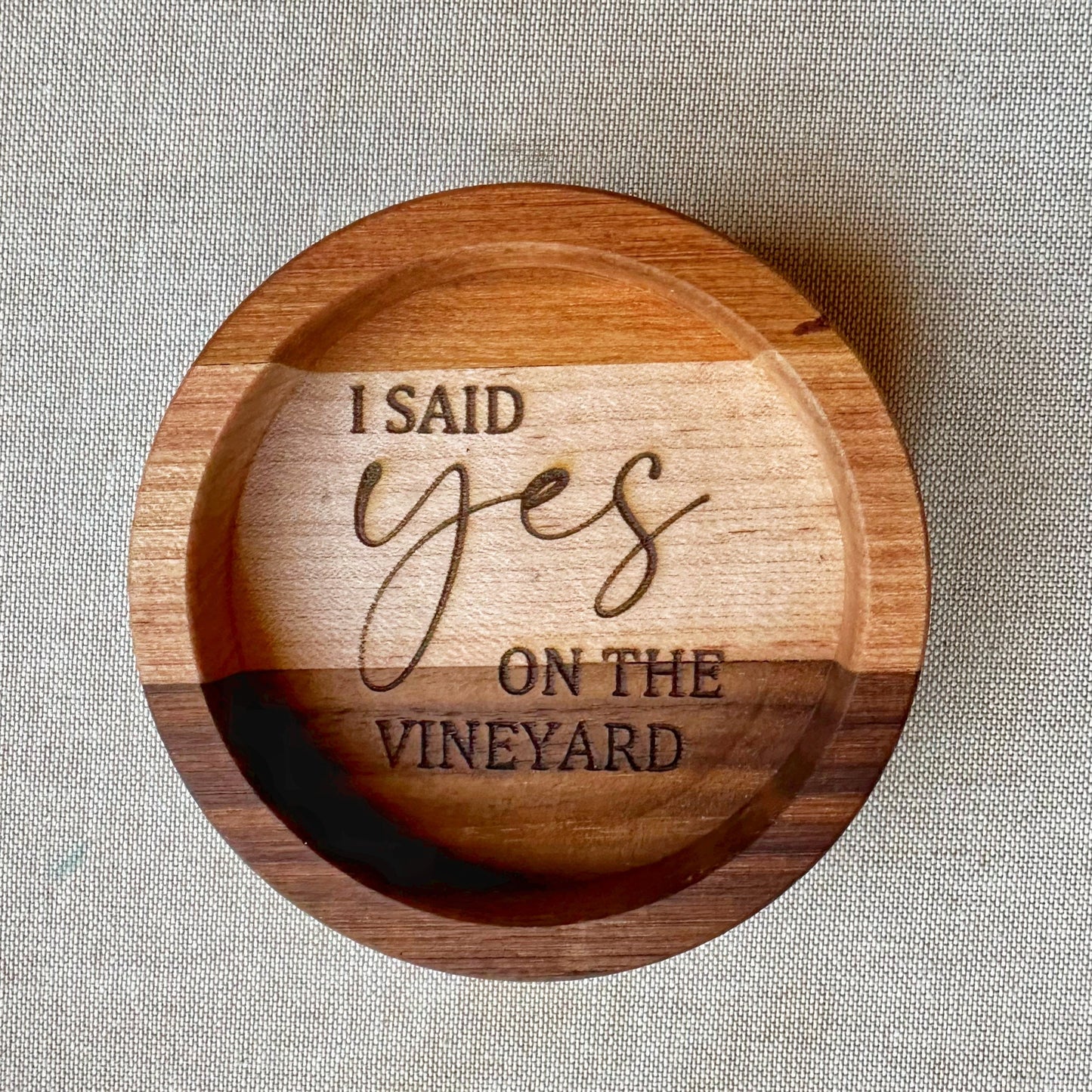 Mini wooden charcuterie bowl with engraved Martha's Vineyard engagement design