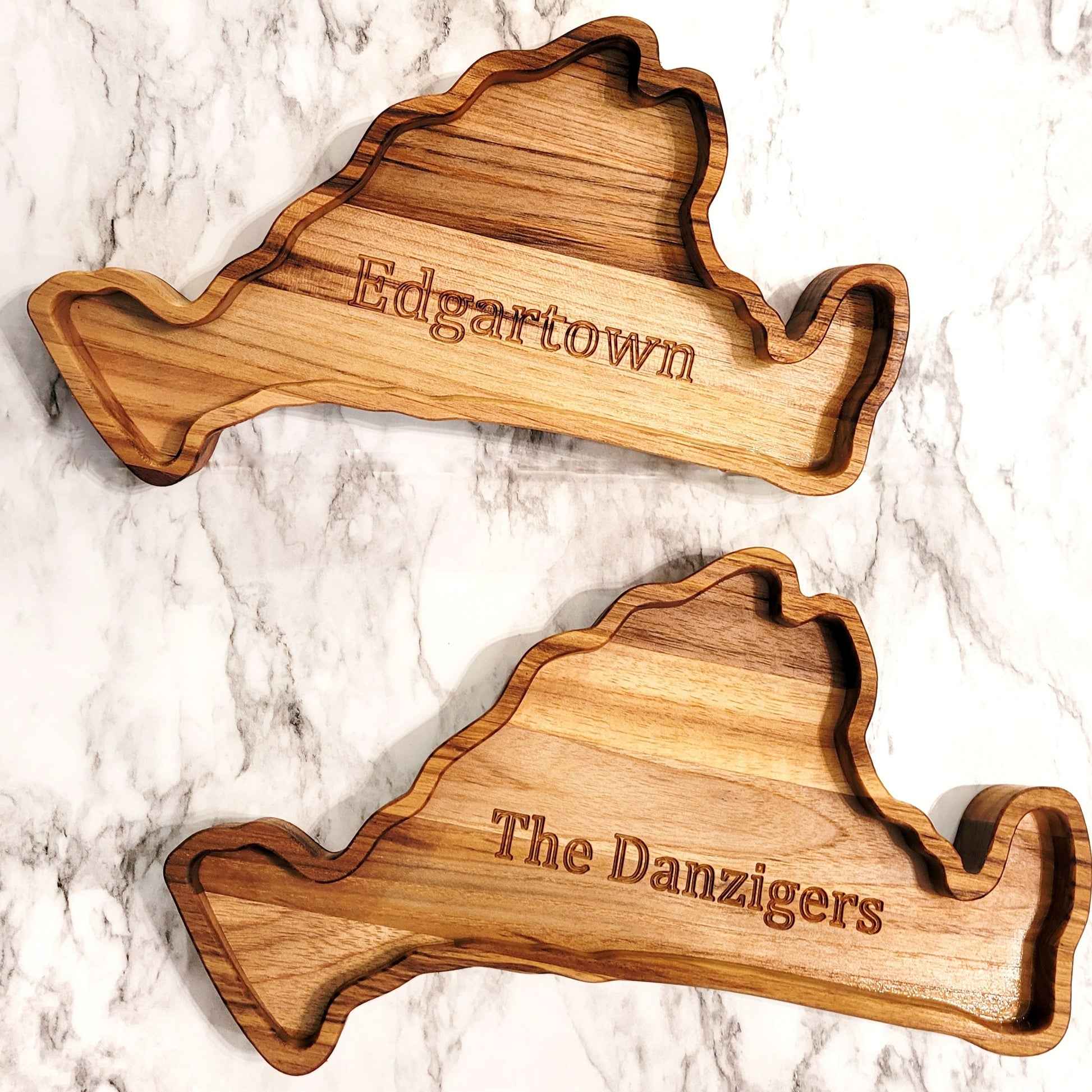 Martha's Vineyard shaped trays engraved with family name and Edgartown